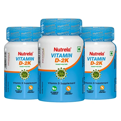 Patanjali Nutrela Vitamin D-2K Natural - 60 Chewable Tablets for Men & Women - Vanilla Flavor (pack of 3)