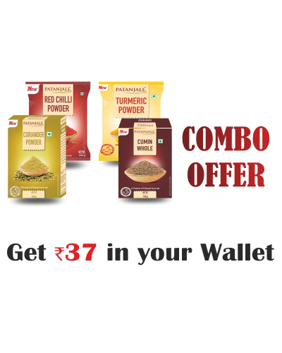 Patanjali Spices Combo- Coriander Powder 100gm+Red Chilli 200gm+Turmeric Powder 500 gm+cumin whole 100gm - Rs 37 Off
