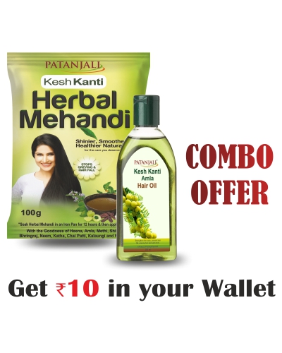 Patanjali Kesh Kanti Combo- KESH KANTI HERBAL MEHANDI- 100 GM+Kesh Kanti Hair Oil 300ml- Rs 30 Off Patanjali Kesh Kanti Combo- KESH KANTI HERBAL MEHANDI- 100 GM+Kesh Kanti Hair Oil 300ml- Rs 30 Off