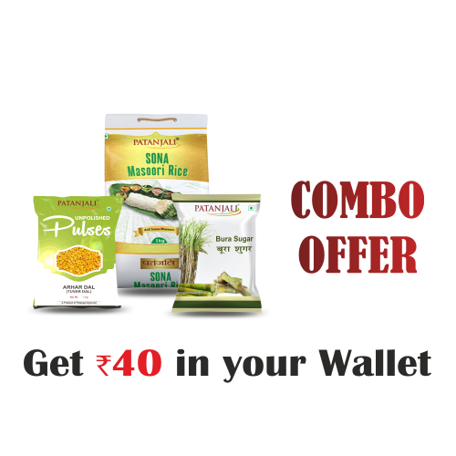 Patanjali Food Combo- Sona Masuri Rice 5kg+ Arhar dal 1 kg + Bura 1 kg - Rs 40 Off