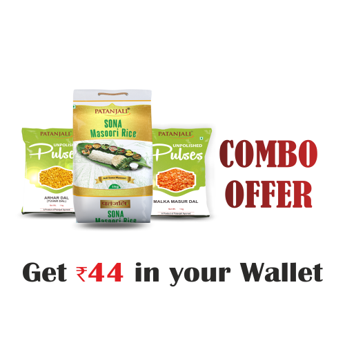 Patanjali Rice and Pulses Combo- Arhar dal 1kg, malka masur 1kg + sona masuri rice 5 kg- Rs 44 Off