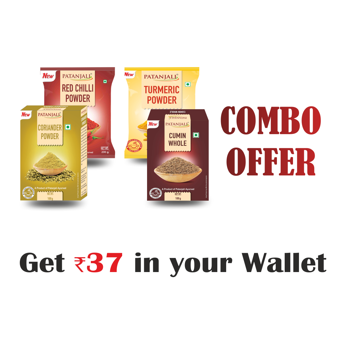 Patanjali Spices Combo- Coriander Powder 100gm+Red Chilli 200gm+Turmeric Powder 500 gm+cumin whole 100gm - Rs 37 Off