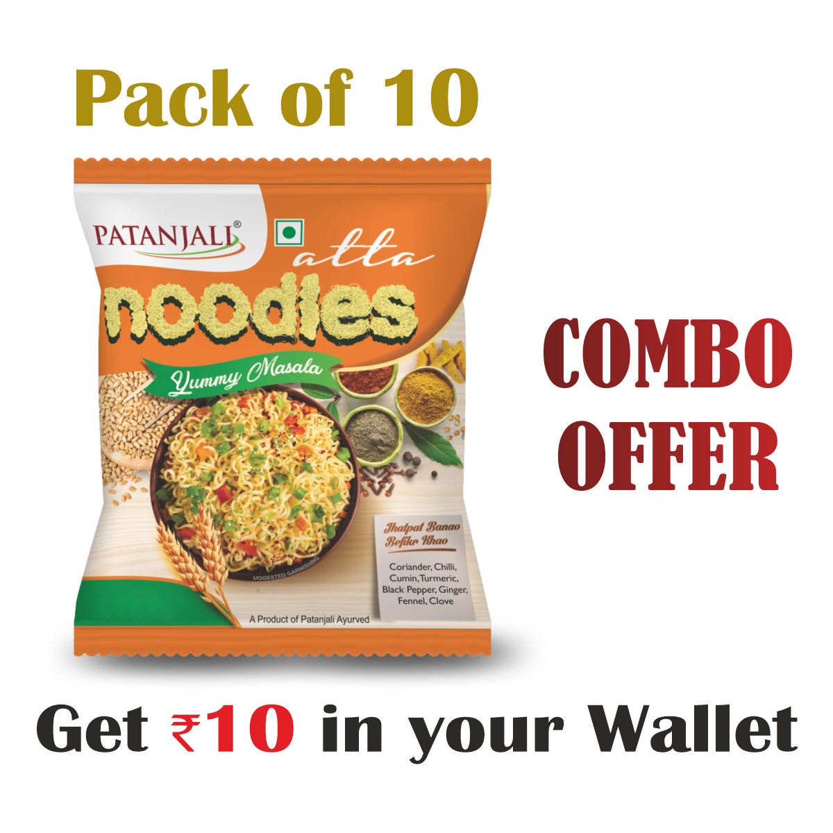 Pack of 10- Atta Noodles Yummy Masala 60gm-  Rs 10 Off
