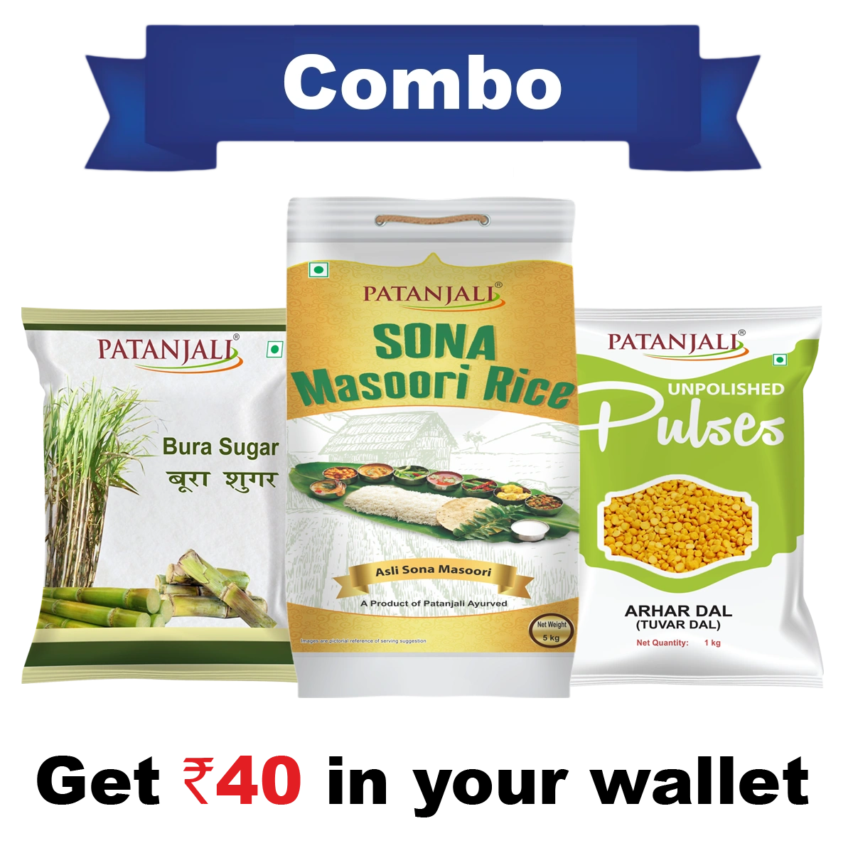 Patanjali Food Combo- Sona Masuri Rice 5kg+ Arhar dal 1 kg + Bura 1 kg - Rs 40 Off