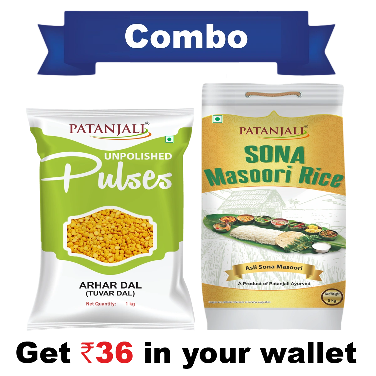 Patanjali Rice & Pulse Combo (Arhar Dal - 1 kg, Sona Masoori - 5 kg) -Rs 36 Off