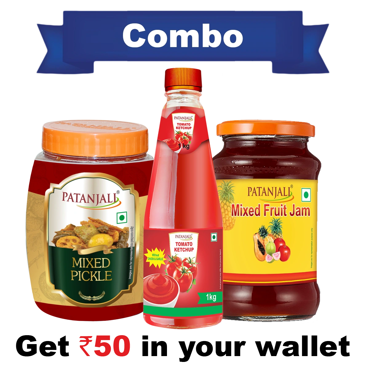 Sauce and Pickle Combo - Mixed Pickle 1 Kg+ Tomato Ketchup o&g 1 ltr(P)+ Mixed Fruit Jam 500gm- Rs 50 Off